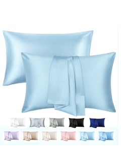 Buy 2-Piece Simple Solid Colour Silk Satin Pillow Case with Envelope Closure for Hair and Skin Light Blue in Saudi Arabia