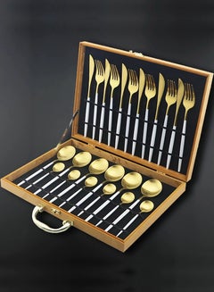 Buy 24 Pcs Stainless Steel Two Tone Luxury Sleek White Gold Plated Kitchen High Quality Cutlery Tableware Set Fork Spoon Knife in Velvet Gift Wooden Box in UAE