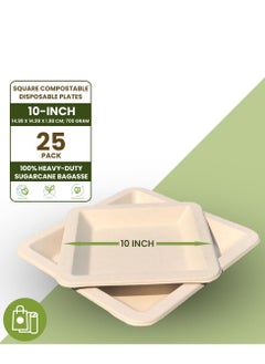 Buy Ecoway [10 Inch - Pack Of 25] Disposable Plates Made With Bagasse Sugar Canes Microwave & Freeze Safe, Compostable & Biodegradable Dinner Plates, Everyday Tableware Strong & Large White in UAE