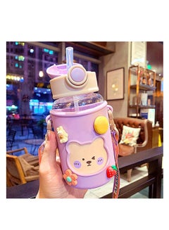 Buy Kawaii Water Bottle for Girls Cute Water Bottles with Straw, Portable Leakproof Kawaii Bear Water Bottle with Adjustable Strap and Sleeve - for School Outdoor Sports Travel, BPA-Free, 24oz (Purple) in UAE