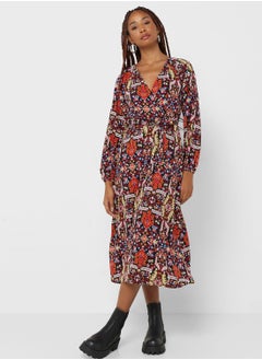 اشتري Surplice Neck Printed Wrap Dress في الامارات