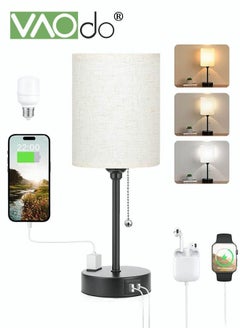 اشتري Bedroom Lamps 3 Color Temperatures with USB C and A Ports Pull Chain Table Lamps with AC Outlet White Nightstand Lamps with Black Metal Base for Kids Reading في الامارات