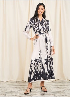 اشتري Satin Floral Print Shirt Maxi Dress with Self Tie Up في السعودية