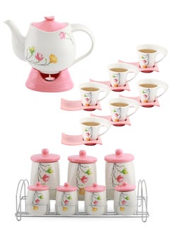 اشتري Tea Serving set- Fine Porcelain Breakfast Set Include Tea Cups set with Saucer & Tea Pot With Warmer & Canister Set With Stand- Elegant Flower Design- Dishwasher Safe- Non-Toxic في الامارات