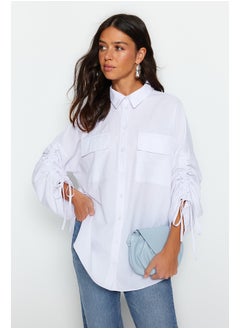 Buy White Adjustable Gathered Detailed Woven Cotton Shirt TCTSS23TG00011 in Egypt