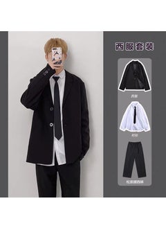 اشتري Spring Casual Blazer Men Loose Trendy DK Suit Set Black coat + white shirt + trousers + tie في السعودية