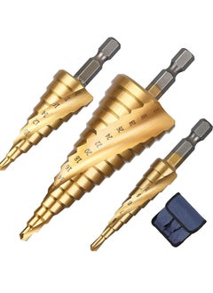 Buy 3Pcs Spiral Grooved Step Drill Bit, 4mm to 12/20/32 mm (5/32" to 5/4") HSS Titanium Coated, Hex Shank Metric Cut Tool for Wood, Stainless Steel,Metal Sheet in Saudi Arabia