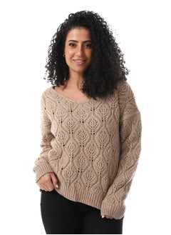 Buy Boat Neckline Perforated Pullover_Latte Beige in Egypt