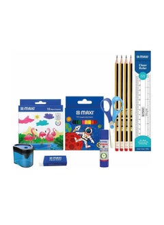 Buy School Stationery Basic Kit,Wax crayons 12col+Colour pencil 12col+Graphite pencil 4pcs+Sharpener+Ruler15cm+glue stick 8gm+Child Scissors + Eraser in UAE