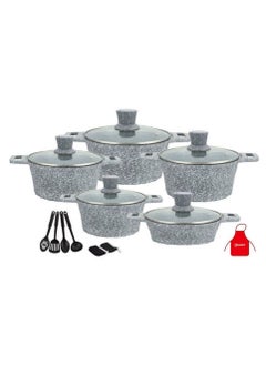 اشتري 17-Pieces Granite Cookware Set Includes Casserole With Lid 24cm, Casserole With Lid 28cm, Casserole With Lid 32cm, Casserole With Lid 28cm, Shallow Casserole 7xCooking Tools Grey/Clear في الامارات