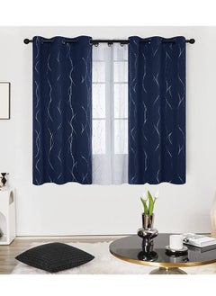 اشتري 2-Piece Wave Dot and Line Pattern Thermal Insulated Blackout Curtains Navy Blue 100x137cm في الامارات