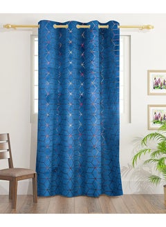 Buy Squares Velvet Foil Print Curtains With Groomets - Polyester-Single Window Curtain- Sound, Sunlight And Heat Insulation- 240X140Cm - Blue in UAE