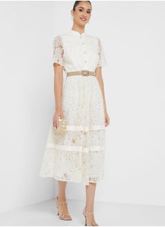 Buy Lace Detail Front Button Dress in UAE