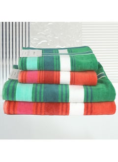 اشتري 4 Piece Bathroom Towel Set APPLE JAQ 500 GSM 100% Cotton Velour 2 Bath Towel 70X140 cm & 2 Hand Towel 50x90 cm Red & Green Color Modern Stripe Design Luxury Touch Extra Absorbent في الامارات