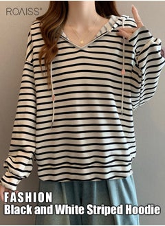 Buy Women'S Casual Loose Hooded Pullover Classic Horizontal Stripe Hoodie Top With Short Front And Long Back in UAE