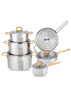 اشتري Cookware Set 12 Pieces - Pure 18/10 Stainless Steel Cooking Set - Induction Base Pots and Pans Set - Non-Toxic, 100% PFOA, PTFE & PFOS Free - Oven Safe Kitchen Cookware Sets (Gold) في الامارات