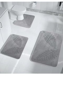 اشتري 3-Piece Bathroom Rug Set Water Absorbent Anti-Slip Kitchen Bedroom Mat Coral Velvet Grey في الامارات