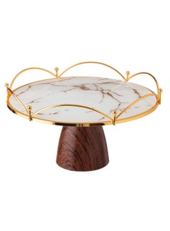 Buy Glass Serving Plate With Golden Decor, Wooden Base, Width 30 * Height 17 Cm in Saudi Arabia