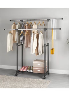 Buy Large Double Pole Clothes Hanger, Garment Drying Rack with Rolling wheels, Adjustable Bars Stainless Steel Poles, Silver in UAE