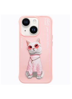 Buy Apple iPhone 13/14 Pink Cat With Original Glasses & Original Chain 3D Embroidery Case in UAE