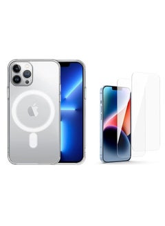 Buy iPhone 13 Pro case clear Magsafe slim protective case with anti-yellowing and anti-bumping clear magnetic cover including 2 tempered glass screen protectors in UAE