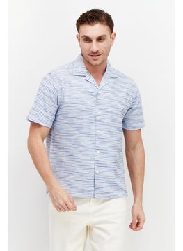 Buy Men Regular Fit Notched Collar Short Sleeve Stripe Casual Shirt, Blue/White in UAE