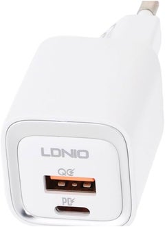 Buy LDNIO A2318C Fast Charging Adapter EU Plug With Cable From Type C To Lightning And USB Type C Ports 20W - White in Egypt