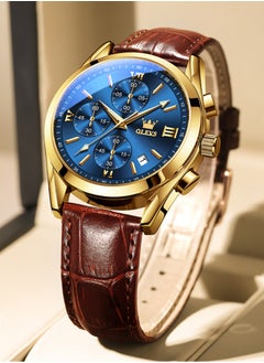 اشتري OLEVS Men's Chronograph Quartz Watches, Leather Strap Gold Case with Day Date, Waterproof Stainless Steel Wrist Watch, Luminous Watches for Men, Fashion, Leisure في السعودية