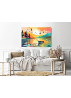 Buy Colorful illustration boat lake with sunset and birds Printed Canvas wall art 60x40 in Egypt