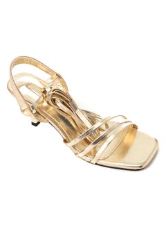 Buy Medium Heeled Gold Leather Plain Sandals With Lace Closure in Egypt