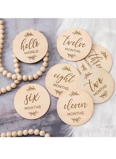 اشتري Baby Monthly Milestone Cards Sign - 7 Cute Double Sided Wooden Circles Discs Newborn Memento في الامارات