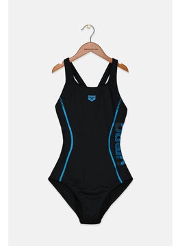 Buy Women One Piece Brand Logo Swimsuit, Black and Turquoise in Saudi Arabia