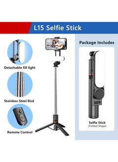 Buy 43.7 Inches L15 Selfie Stick Foldable Mini Tripod Photo Live With Detachable Fill Light (3 Colors), Wireless Bluetooth Remote Shutter For IOS Android Smartphones, Portable Phone Camera Stand in UAE