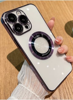 Buy for iPhone 14 Pro Max Case Magnetic Compatible with Magsafe Glass Lens Camera Protector Logo View Hard Luxury Phone Case for Women Men Transparent Cover Purple in Saudi Arabia