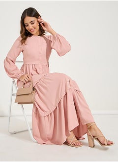 Buy Solid Full Button Front Tiered Maxi Dress in Saudi Arabia