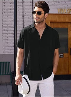 Buy Men's Summer Loose Shirt Cotton Linen Button-Up Top Short Sleeve V-Neck Henley Shirts Casual Comfort Beach Shirt in Saudi Arabia