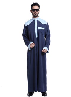 اشتري Men's Stand Collar Long Sleeve Casual Kandora Islamic Arabic Kaftan Thobe Navy Blue في الامارات