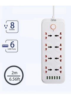 اشتري Zahaa Universal Extension الحبل مع 8 مقبس كهربائي و 8 فتحات USB 6 متر ، شريط الطاقة 8 طرق مع فتحة شحن USB من النوع8 ، الرصاص التمديد - الأبيض 2 متر في السعودية