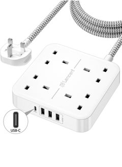 Buy LENCENT Extension Lead with USB C Port, 4 Way Outlets Power Strip with 4 USB Ports (3.4A, 1 Type C and 3 USB-A Ports) Multi Plug Charging Station with 1.8M Braided Extension cord for Home Office 3250W in Saudi Arabia