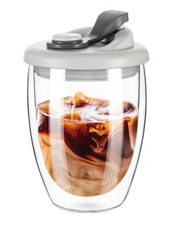 اشتري Double Wall Glass Coffee Mug with Silicone Lid,12oz Insulated Cup for Hot and Cold Drinks, High Borosilicate Glass Double Walled Cup for Travel and Home Use في السعودية