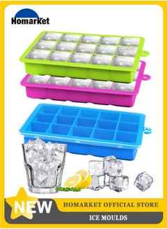 Buy Silicone Ice Cube Trays 3 Pack with Removable Lid Easy-Release Flexible Ice Molds 24 Cubes per Tray for Cocktail, Whiskey, Baby Food, Chocolate, BPA Free in UAE