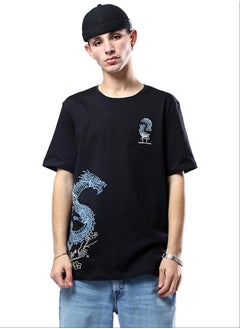 Buy Black Crew Neck Tee with Printed Dragon in Egypt