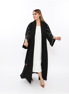 Buy An attractive abaya made of cotton fabric with add on inserts and lining sleeves in black with shawl sleeves that flip up in the front. in Saudi Arabia