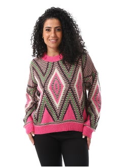 Buy Crew Neck Loose Fit Pullover_ Fuchsia, Green & Black in Egypt