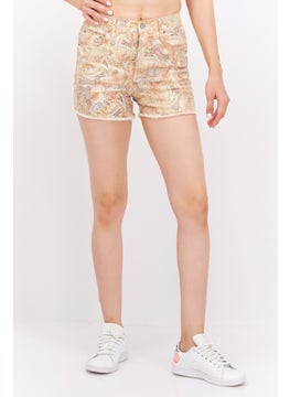 Buy Women Allover Print Denim Short, Beige Combo in UAE