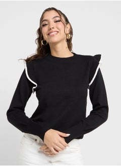 اشتري Ruffle Contrast Trim Crew Neck Sweater في الامارات