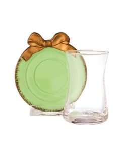 Buy A set of glass tea cups with a wooden saucer in green, consisting of 6 tea cups + 6 tea saucers in Saudi Arabia