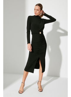 Buy Black Fitted/Slippery Knit Dress with a Stand-Up Collar Draped and Belt TWOAW22EL0434 in Egypt