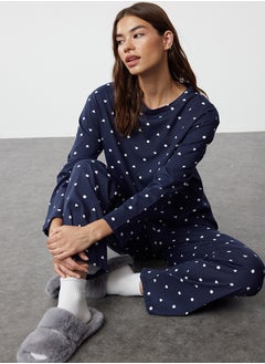 Buy Navy Blue 100% Cotton Polka Dot and Heart Patterned Knitted Pajama Set THMAW25PT00039 in Egypt