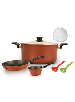 Buy 7-Piece Non-Stick Aluminum Cookware Set With Heat Resistant Handles Copper, 24cm Pot With Stainless Steel Lid, 24cm Frypan, 16cm Saucepan, 2pcs Silicon Utensils & 1 Piece Stainless Steel Strainer in Saudi Arabia